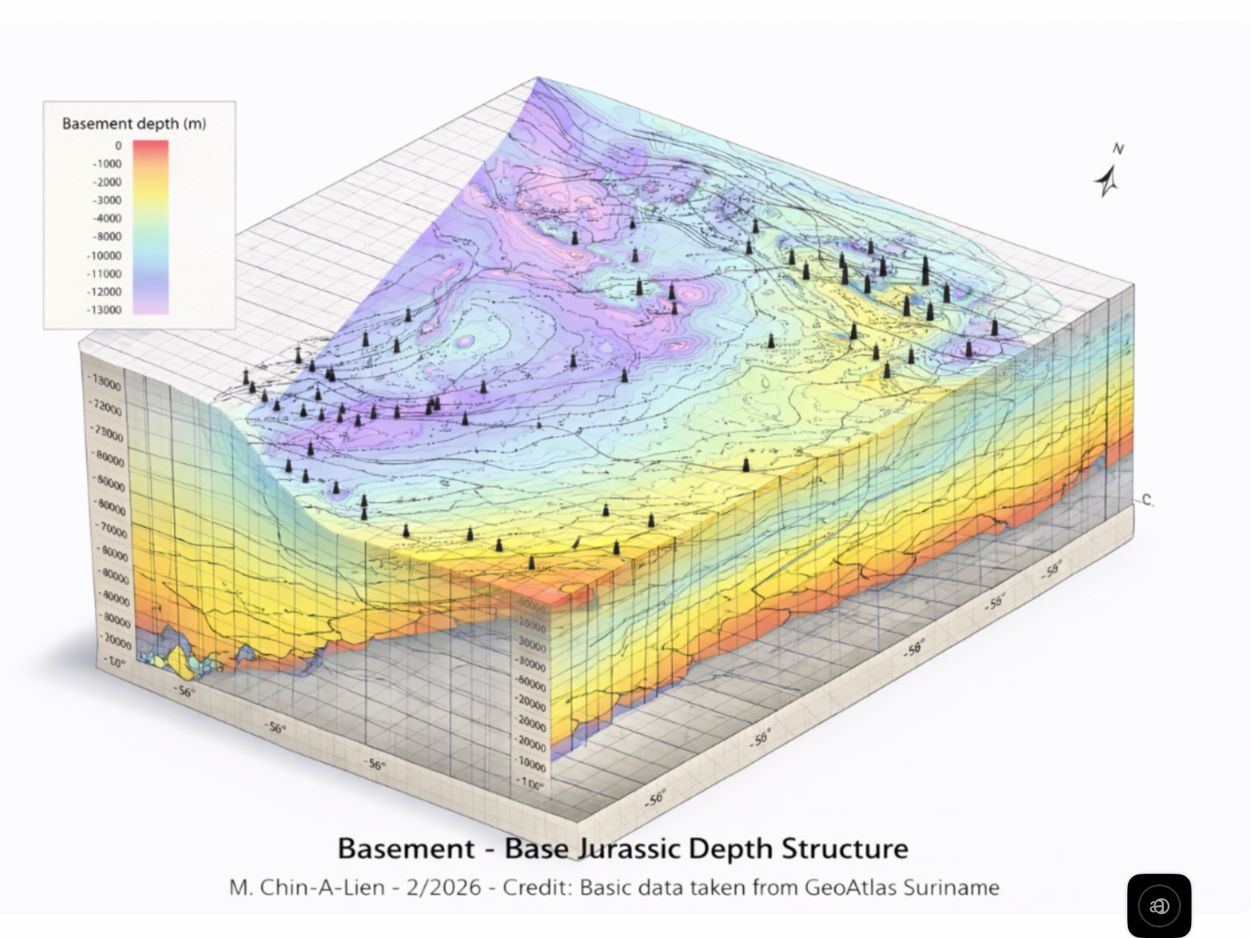 Basement - Base Jurassic Depth Map - Suriname Offshore