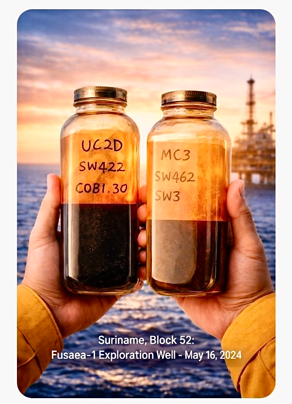 Golden Lane in Suriname – The First Oil of Block 52 Fusaea-1 Golden Lane in Suriname The First Oil of Block 52 That I See in a Picture Fusaea-1 Exploration Well — 16 May 2024 The Guyana–Suriname Basin has long been interpreted through seismic lines, maturation curves and petroleum system modelling. For decades, the Golden Lane concept represented a structural-stratigraphic fairway predicted to host Upper Cretaceous deepwater turbidite reservoirs charged by Lower and Upper Cretaceous oceanic anoxic event (OAE) source rocks. Then came a photograph. Two bottles of hydrocarbons from Fusaea-1 in Block 52 — publicly released. For the first time, Suriname’s offshore Golden Lane had visible oil. Embedded Conceptual 3D Geological Framework The following conceptual figure illustrates the petroleum system architecture of Block 52 within the Golden Lane fairway: Conceptual 3D model: Pre-Cretaceous basement, Lower Cretaceous OAE source kitchens, Upper Cretaceous turbidite fan reservoirs, structural migration pathways, and present-day phase distribution. 1. What We See in the Fusaea-1 Image Two hydrocarbon samples with density contrast One darker liquid phase One lighter, clearer hydrocarbon Phase separation likely due to pressure drop This visual evidence strongly indicates a light to volatile oil system or condensate-rich hydrocarbon phase. Heavy oil is inconsistent with the appearance. 2. Basin Context and Petroleum System Logic Source Rocks Aptian–Albian (OAE 1) Cenomanian–Turonian (OAE 2) Marine Type II kerogen High TOC (>3–10% regionally reported) Maturity Deepwater burial >4–6 km Late oil window to wet gas window Estimated Ro 0.9–1.3% Reservoir Upper Cretaceous deepwater turbidite channels Good porosity preservation under overpressure High net-to-gross systems This maturity level predicts volatile oil or condensate transition fluids — precisely consistent with the Fusaea image. 3. Fluid Phase Position on the Hydrocarbon Continuum Hydrocarbon phase evolution: Oil → Volatile Oil → Wet Gas → Condensate → Dry Gas The image suggests positioning near the volatile oil–condensate boundary. Likely characteristics: API gravity 35–50° Elevated GOR Solution gas flashing Strong mobility 4. Ranked Fluid Type Assessment Most Likely: Volatile oil with condensate separation Second: High-API light oil Third: Gas-condensate system Unlikely: Heavy oil 5. What Is Scientifically Defensible Working petroleum system confirmed Light hydrocarbon class Deepwater Cretaceous turbidite charge Oil-prone OAE source rock effectiveness 6. Eight Core Conclusions The Golden Lane concept extends into Suriname. OAE source rocks are effective and mature. Block 52 sits near volatile oil window. Reservoir quality preserved. Fluids likely light and commercially attractive. Hybrid oil–gas development plausible. Subsurface continuity with Guyana discoveries. The basin has entered its mature development phase. 7. Personal Geological Reflection This publicly released Fusaea-1 image immediately reminded me of 1983, when I stood on the Ceuta discovery rig in the Maracaibo Basin, Venezuela, holding two bottles of light oil from what became a >3 billion barrel accumulation. At that time I worked with Meneven, Exploration Office Campo Alegre, affiliate of PDVSA in State Zulia. Seeing Fusaea oil brought back the same professional recognition: the moment when interpretation becomes proof. After coining the Golden Lane concept in 2008, this is the first oil from Suriname’s offshore fairway that I have seen in a picture. Technical Annex – Scientific References Petroleum System & Basin Modelling Hunt, J.M. (1996). Petroleum Geochemistry and Geology. Tissot & Welte (1984). Petroleum Formation and Occurrence. Magoon & Dow (1994). The Petroleum System. Peters & Cassa (1994). Applied Source Rock Geochemistry. Oceanic Anoxic Events Schlanger & Jenkyns (1976). Cretaceous Oceanic Anoxic Events. Jenkyns (2010). Geochemistry of Oceanic Anoxic Events. Deepwater Turbidites Reading & Richards (1994). Turbidite Systems. Posamentier & Kolla (2003). Deepwater Sandstone Depositional Systems. Mutti & Normark (1987). Turbidite Models. PVT and Phase Behaviour McCain (1990). Properties of Petroleum Fluids. Ahmed (2018). Reservoir Engineering Handbook. Regional Context Staatsolie Offshore Reports Industry publications on Guyana–Suriname Basin discoveries Peer-reviewed AAPG and SPE basin papers Closing Perspective The Golden Lane in Suriname is no longer only a structural hypothesis. It is now visible in fluid form. Two bottles. One basin. A petroleum system confirmed. This is history unfolding — not in theory, but in hydrocarbon.