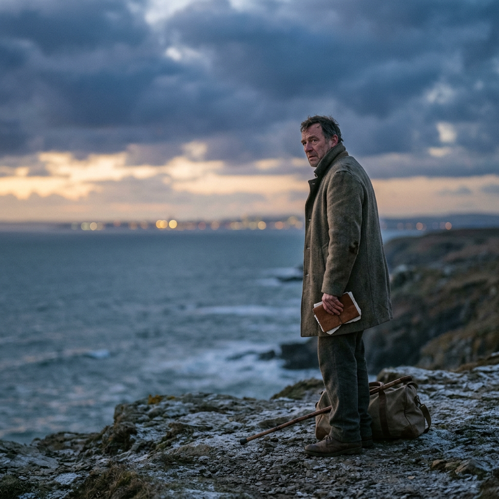 Man in worn coat holding notebook on rocky sea cliff with ocean and cloudy sky