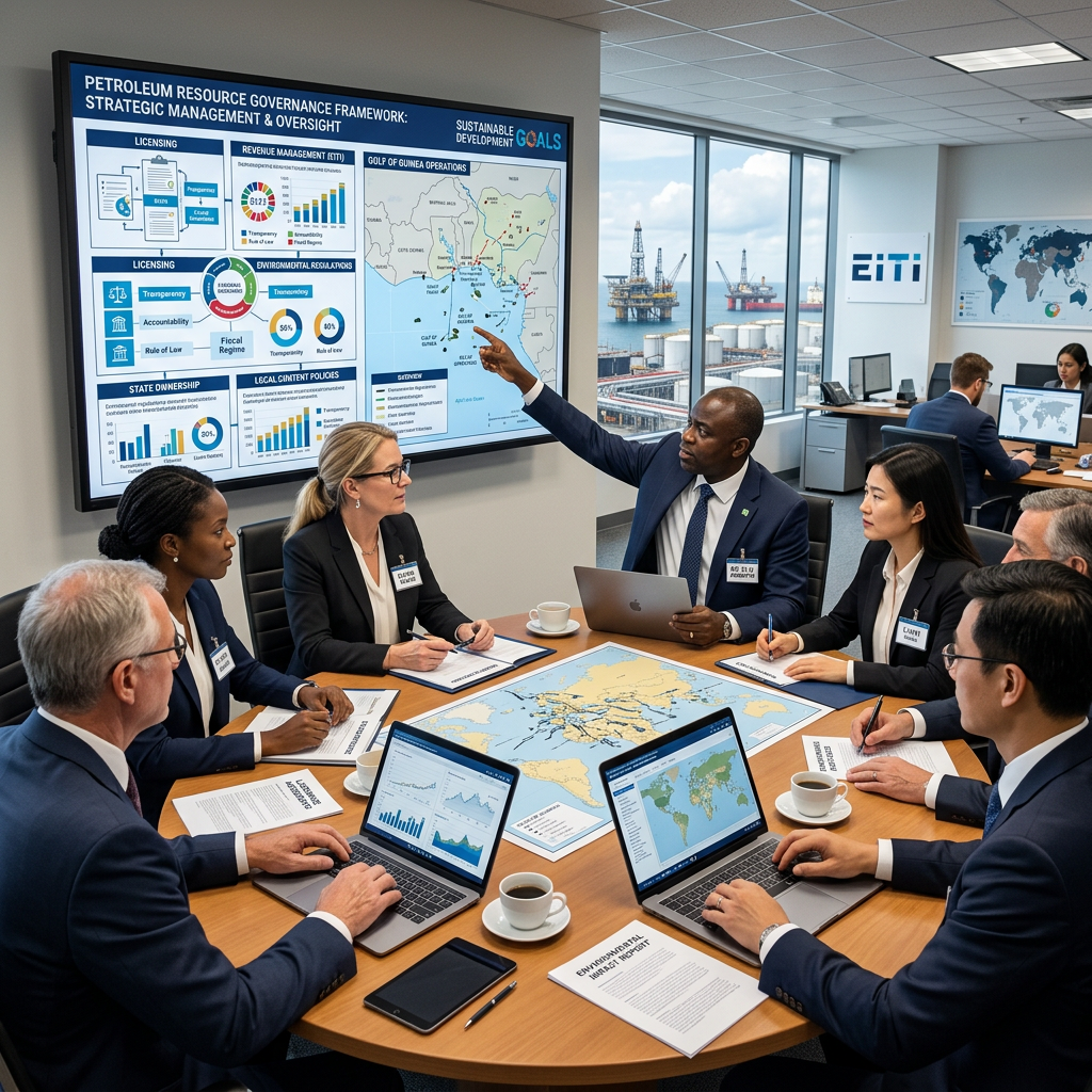 Business professionals in a meeting room reviewing petroleum governance charts and maps on screen and laptops