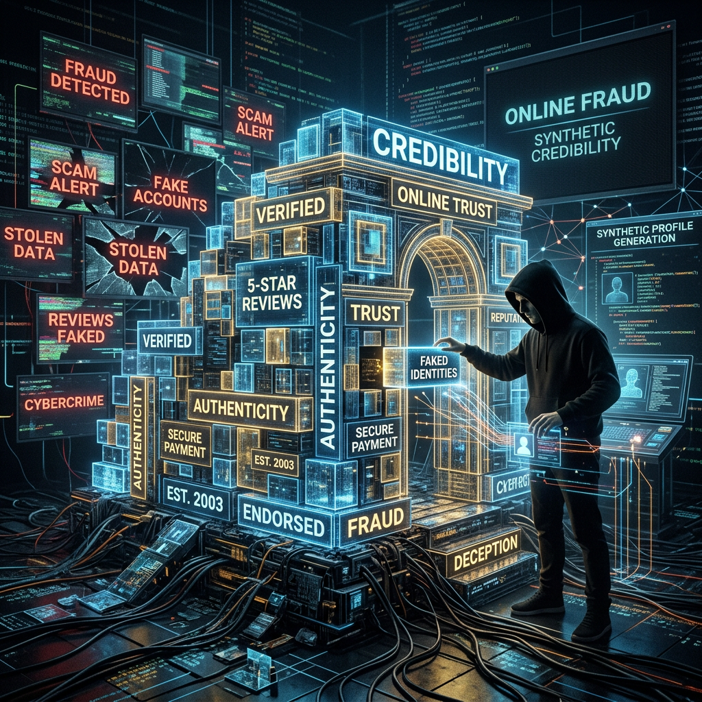 Person in hoodie interacting with a digital structure labeled with trust and fraud-related terms