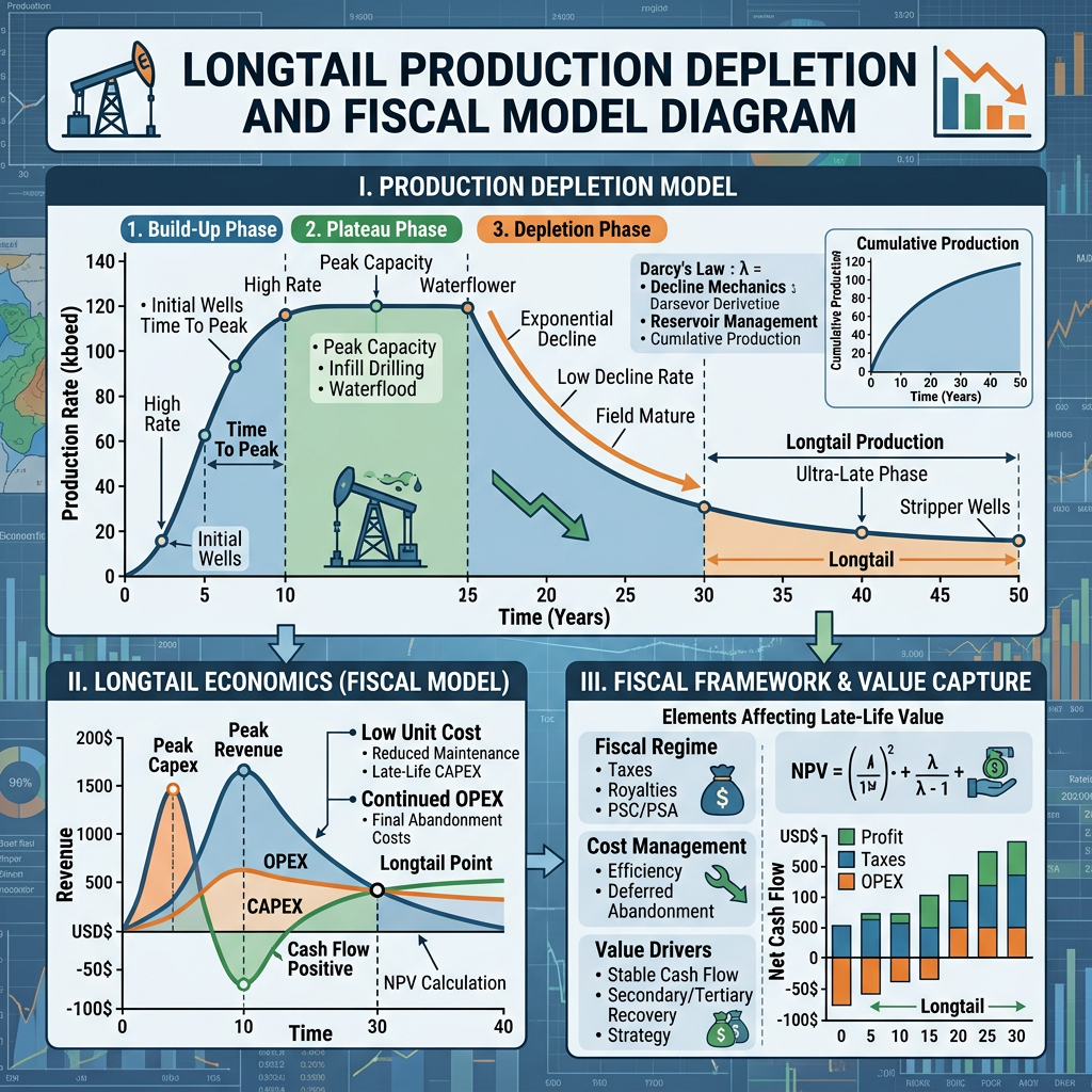 Longtail, Stabroek Block, Guyana: Graph showing oil production depletion phases with fiscal and value capture models