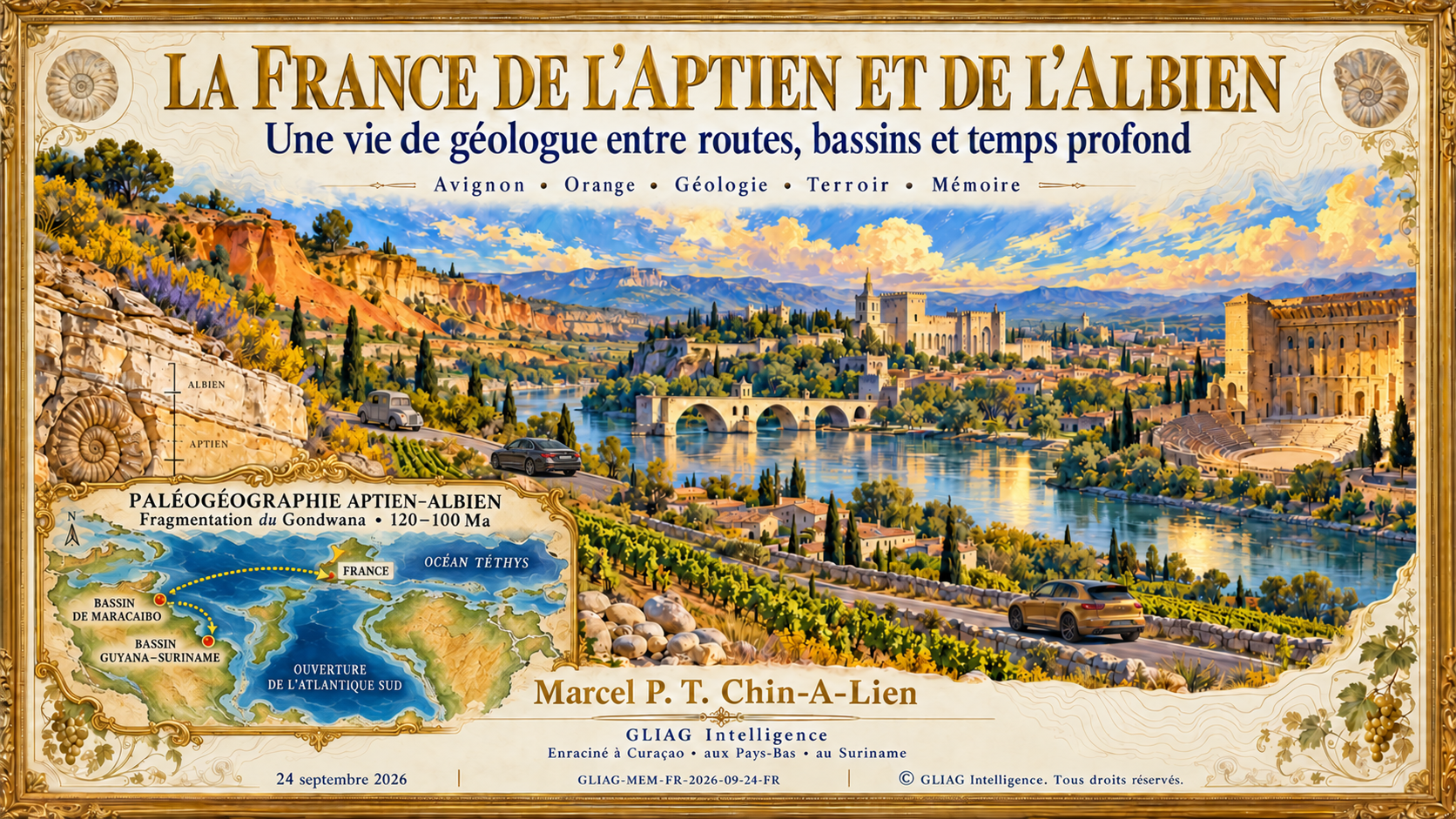 THE EARTH REMEMBERS · MÉMOIRES La France de l'Aptien et de l'Albien Une vie de géologue entre routes, bassins et temps profond Marcel P. T. Chin-A-Lien Provence · Avignon · Orange · Apt · Col de Pré-Guittard Édition française · 24 septembre 2026 « La géologie m'a appris à lire le temps profond. La France m'a appris à habiter le présent. » Les lieux où l'on revient Toute vie garde un petit nombre de lieux qui ne sont pas des destinations mais des coordonnées. Pour nous, dans le sud de la France, il y en a deux : Avignon et Orange. D'autres villes nous ont tentés par leur nouveauté, nous y sommes allés et nous en avons été heureux ; mais c'est vers ces deux-là que nous revenons, comme un géomètre revient aux repères à partir desquels toute autre mesure est prise. Elles possèdent quelque chose de plus durable que la nouveauté : une familiarité sans lassitude. À Avignon, l'histoire s'élève à la verticale, dans l'immense façade de pierre du Palais des Papes. À Orange, elle se dépose plus doucement, dans le rythme d'une petite place, d'une terrasse et d'une journée qu'on laisse se dérouler à son propre pas. L'une donne la magnificence ; l'autre donne la mesure. Pour un géologue, la Provence n'est jamais seulement un paysage. Le calcaire pâle, le couloir du Rhône, les vignes enracinées dans un sol caillouteux, les vieux murs bâtis avec la terre même qui les porte : tout cela appartient à un seul enregistrement continu. Pourtant, le voyage serait plus pauvre si l'on ne lisait le pays que comme une coupe dans la pierre. La France demande à être comprise par l'architecture et la stratigraphie, certes, mais aussi par le lin et la lumière, par le vin, le beurre et les herbes, par la conversation, et par cet intervalle civilisé entre un plat et le suivant. Avignon et Orange nous ont enseigné cette leçon encore et encore, et chaque fois nous l'avons reçue comme pour la première fois. La première route vers la France Bien avant que le voyage géologique n'acquière le confort, il acquit la liberté. Étudiant, j'ai traversé une partie de l'Europe dans une Citroën 2CV fourgonnette, une bestel-eend comme on dit en néerlandais : deux cylindres, très peu de puissance, beaucoup de caractère, et presque rien entre le voyageur et la route. C'était un véhicule qui faisait de chaque côte un événement. Sur les petites routes pentues, le moteur donnait son avis sans retenue ; sur la route dégagée, le vent se mêlait à la conversation. Et pourtant elle emportait les cartes, les carnets, les marteaux, des bagages modestes et l'immense confiance de la jeunesse. Rien dans ces voyages ne semblait provisoire. Nous découvrions déjà le monde à nos propres conditions. La 2CV m'a appris une leçon géologique avant que je sache la nommer. La vitesse réduit un paysage à un décor ; la lenteur lui rend sa structure. Dans cette petite camionnette, on remarquait le changement progressif de la pierre à bâtir, la couleur des tranchées fraîches au bord de la route, l'élargissement d'une vallée, l'apparition des premières couches plissées, et la manière dont un village choisissait de s'asseoir sur le calcaire, sur la marne ou sur l'alluvion. Un voyage n'était pas l'intervalle vide entre deux localités. C'était la coupe continue qui les reliait. Des années plus tard, la route devint plus silencieuse et les distances plus faciles à absorber. La France pouvait défiler derrière le pare-brise d'une Porsche discrètement sombre, riche d'une profonde réserve de puissance, ou dans la composition mesurée d'une Mercedes-Benz C 200 Kompressor noir anthracite dont la carrosserie polie accrochait un instant le soleil provençal. Les machines ont changé ; le plaisir essentiel, non. Elles étaient des instruments d'arrivée, jamais le sujet du voyage. Le vrai luxe restait exactement celui de la Citroën à deux cylindres : quitter la grande route parce qu'un paysage, un affleurement ou une vieille ville réclamait une heure de plus. Apt, où un nom local devint un temps universel Apt porte une distinction peu commune. Son nom a échappé à la géographie pour entrer dans la langue qui ordonne la Terre entière. Au XIXe siècle, Alcide d'Orbigny introduisit l'étage Aptien à partir de la région qui entoure cette ville provençale, et la succession locale de marnes et de calcaires, avec ses ammonites et ses autres fossiles, passa dans un vocabulaire chronostratigraphique mondial. Un mot que j'avais rencontré sur des cartes, dans des rapports de puits et des modèles de bassin, de l'Amérique du Sud à l'Afrique, revient ici à des rues, à des collines et à une roche que l'on peut toucher. L'Aptien ne fut pas un intervalle tranquille. Il enregistre un monde en effet de serre, riche en dioxyde de carbone atmosphérique, des plaques en pleine réorganisation, un niveau marin changeant, de jeunes bassins océaniques en expansion et des perturbations répétées du cycle du carbone. Dans les successions téthysiennes, les alternances de carbonates et de marnes portent les zonations d'ammonites et les signaux isotopiques du carbone à travers les anciennes traditions du Bédoulien, du Gargasien et du Clansayésien. L'événement anoxique océanique 1a, à l'Aptien inférieur, marque une grande perturbation au cours de laquelle une productivité accrue et des eaux profondes mal ventilées favorisèrent la préservation de la matière organique dans de nombreux bassins, jamais de manière uniforme, cependant, et jamais partout avec la même conséquence pétrolière. Se tenir près d'Apt, c'est donc vivre à deux échelles à la fois. La main touche un banc mesuré en centimètres ; l'esprit suit un événement à travers les océans. Ce mouvement entre le local et le planétaire est l'essence même de la stratigraphie. Une région type ne nous dit pas que tout bassin lointain contient la même roche. Elle nous donne une langue étalonnée dans laquelle des bassins différents peuvent être comparés sans être imprudemment confondus. La limite de l'Albien et la discipline de la comparaison L'Albien, que d'Orbigny nomma d'après Alba, le nom latin associé à l'Aube, achève le Crétacé inférieur. Sa base moderne n'est pas fixée sur un tableau abstrait mais en un lieu réel : la coupe du col de Pré-Guittard, près d'Arnayon, dans la Drôme, où la première apparition du foraminifère planctonique Microhedbergella renilaevis fournit le point de référence international. La France détient ainsi à la fois le vocabulaire historique et une limite mondiale moderne pour le passage de l'Aptien à l'Albien. Le contraste est instructif. Apt évoque la région type historique, les ammonites, le rythme des marnes et des calcaires, la naissance d'un nom. Le col de Pré-Guittard représente l'exigence plus tardive d'un stratotype mondial de limite, un GSSP reproductible, appuyé sur une biostratigraphie, une chimiostratigraphie et une corrélation d'événements intégrées. Ensemble, ils montrent comment une science mûrit : les noms hérités sont conservés, mais leurs limites sont éprouvées, affinées et rendues transférables. Tout au long de l'Albien, le système atlantique continua de se réorganiser. Les connexions marines s'élargirent ; les plateaux et les dépocentres des marges transformantes évoluèrent ; des usines carbonatées occupèrent certains paléohauts tandis que les apports clastiques en gagnaient d'autres ; des intervalles riches en matière organique s'accumulèrent partout où productivité, préservation, sédimentation et confinement du bassin se trouvaient en accord. Pourtant, l'âge seul ne décide jamais de la fonction pétrolière d'une roche. Un intervalle albien peut être roche mère, réservoir, couverture, section condensée, ou simplement un repère. La bonne question n'est jamais seulement est-il albien ? Elle est : quelle a été ici l'histoire du dépôt et de l'enfouissement, dans ce bassin, le long de ce chemin de migration ? De la Téthys à Maracaibo et à la Golden Lane À l'Aptien et à l'Albien, les continents n'avaient pas encore leurs contours modernes. L'Amérique du Sud et l'Afrique achevaient leur séparation, et l'Atlantique équatorial prenait forme à travers le rifting, les mouvements transformants, des connexions restreintes et une ouverture marine progressive. Les jeunes marges héritèrent de structures du socle, de dépocentres segmentés et de hauts structuraux qui décideraient plus tard où les roches mères arriveraient à maturité, où les sables contourneraient le plateau, et par où les hydrocarbures pourraient voyager. Les coupes françaises ne sont donc pas des analogues de réservoir pour Maracaibo ni pour le bassin Guyana-Suriname. Leur valeur est plus fondamentale : elles étalonnent le temps, les fossiles, les événements océanographiques et les changements de milieu. Maracaibo, où j'ai autrefois contribué à lire l'histoire de la génération et de la migration du bassin, fournit l'analogue mature, avec La Luna du Crétacé supérieur, l'une des grandes roches mères marines du monde, éprouvée par un siècle de découvertes et de production. Le bassin Guyana-Suriname offre la frontière plus jeune : une marge transformante où des poches de roche mère confinées de l'Aptien–Albien inférieur restent plausibles dans les dépocentres cartographiés, où les carbonates et les clastiques du Crétacé inférieur nous doivent encore la preuve du réservoir, où le système Canje, albien-cénomanien-turonien, fournit la charge régionale principale, et où des cônes sous-marins plus jeunes du Crétacé supérieur forment les réservoirs prouvés. Dans mes essais récents, j'ai développé cette idée comme une hypothèse à deux systèmes plutôt que comme une seule histoire commode. La possibilité plus ancienne, aptienne–albienne inférieure, appartient à des compartiments de syn-rift ou de début de dérive, où la charge et la préservation varient d'une poche à l'autre. Le système ACT appartient à la marge marine plus tardive et relie Canje à la famille plus large de La Luna, Querecual et Naparima Hill, toutes déposées dans les conditions anoxiques du Crétacé moyen. Au-dessus, l'acheminement des sédiments au Santonien–Maastrichtien a bâti l'architecture de cônes d'eau profonde qui a rendu Stabroek et la Golden Lane commercialement extraordinaires. La comparaison n'est puissante que tant que ses limites restent visibles. La France donne l'horloge et la grammaire paléocéanographique. Maracaibo donne la longue histoire de production et la mémoire géochimique. Le bassin Guyana-Suriname vérifie comment ces leçons survivent à leur traduction vers une autre marge transformante. Avignon sous les murs des papes À Avignon, nous sommes revenus à trois adresses familières. L'une vit dans notre mémoire sous le nom de Sofitel, elle appartient à cette géographie plus ancienne du voyage où les enseignes hôtelières, comme les frontières politiques, changent parfois tandis que le lieu lui-même demeure. Une autre est l'Hôtel du Palais des Papes, à côté du palais, où la récompense n'est pas un grand hall mais une fenêtre privilégiée. Depuis la chambre, le palais n'est plus un monument que l'on visite en excursion. Il devient un voisin : massif, presque géologique, couleur de miel le matin et, après le coucher du soleil, silhouette sombre et théâtrale. Une chambre face au palais change l'échelle d'un séjour. On se réveille avant la foule et l'on voit la façade dans la lumière sans défense du petit matin, quand la place est brièvement rendue à la pierre, aux pigeons et aux pas. La nuit, après le dîner, le palais ressemble moins à un musée qu'à la falaise survivante d'une civilisation disparue. Ses murs portent l'autorité de l'histoire, et pourtant, depuis l'intimité d'une chambre, ils acquièrent aussi de la tendresse. Nous ne regardions pas simplement Avignon. Pendant quelques heures, nous habitions sa composition. Notre troisième repère avignonnais est l'Hôtel d'Europe, place Crillon, l'une de ces maisons où l'hospitalité et l'histoire semblent avoir mûri ensemble. Il n'annonce pas son luxe par le bruit ; sa cour, ses proportions et son assurance d'un autre temps sont plus persuasives. Là, le plaisir commence avant le repas : la pause à table, la chorégraphie discrète du service, et une bouteille de Moët & Chandon ouverte avec ce soupir retenu qui est le vrai son de la fête. Le champagne n'accompagne pas seulement un commencement. Il change le tempo. Le voyage est terminé, les clés sont en haut, et la soirée peut appartenir tout entière au goût. Dîner à l'Hôtel d'Europe Le dîner dont nous nous souvenons appartient à La Vieille Fontaine, le restaurant gastronomique de l'hôtel, une salle longtemps associée à la distinction Michelin et à la cuisine sérieuse et saisonnière de la Provence. La mémoire n'a pas gardé la carte du menu, et je n'en inventerai pas. Ce qu'elle a gardé, c'est la grammaire du repas. Une telle cuisine n'est pas un défilé de produits de luxe. Son intelligence tient à la proportion : l'acidité contre la richesse, la chaleur contre la fraîcheur, un élément croquant à côté d'un élément fondant, et des sauces qui concentrent la saveur sans masquer l'identité de ce qu'elles accompagnent. Les premières assiettes arrivaient presque comme des natures mortes. Les légumes étaient traités avec l'attention jadis réservée au gibier ; le poisson était cuit jusqu'à ce point étroit où les chairs se séparent tout en gardant leur moelleux nacré. Puis venait le registre plus profond, canard ou veau avec un jus réduit jusqu'à ce qu'une seule cuillerée porte toute la saveur du plat de rôtissage. Les assiettes étaient modernes et composées, mais jamais exsangues ; elles avaient encore le goût de la France. Le dessert rendait la légèreté, de sorte que la dernière impression était la clarté plutôt que le poids. Avec le repas, nous chérissons un Châteauneuf-du-Pape blanc. Le nom surprend ceux qui connaissent l'appellation surtout par ses rouges puissants, et pourtant le blanc est l'une des révélations discrètes du Rhône. De la grenache blanche, de la clairette, de la roussanne, du bourboulenc et de leurs compagnons autorisés, il peut tirer des fleurs blanches, la poire, le zeste d'agrume, les herbes, l'amande et une légère profondeur cireuse, avec l'ampleur pour rencontrer le beurre et la sauce, et la fraîcheur pour rencontrer le poisson et les légumes. Servi pas trop froid, il s'ouvre lentement dans le verre. Il semblait particulièrement juste à Avignon : plus rare que le rouge, lumineux plutôt que puissant, et inséparable du paysage papal qui lui a donné son nom. La séquence du champagne au Châteauneuf-du-Pape blanc était plus qu'une indulgence. C'était une architecture pour la soirée. Le Moët apportait l'éclat, la cérémonie et l'attente ; le blanc du Rhône s'installait dans le repas, rassemblait les assiettes et transformait un dîner en souvenir doté d'un terroir. Longtemps après, les détails s'estompent, mais l'harmonie demeure : les vieux murs, le linge blanc, le brillant d'une sauce, le parfum qui monte du verre, et la tranquille certitude que, pour ce seul soir, il n'y avait rien à ajouter. Orange et l'art de la place Orange offre une autre sorte de bonheur. Nous y séjournons au Grand Hôtel d'Orange, une maison quatre étoiles installée dans une demeure du XVIIIe siècle au cœur du centre historique, à quelques pas du théâtre antique. Ici, l'Antiquité, la vie de province et l'hospitalité se rencontrent sans spectacle. L'hôtel semble enchâssé dans la ville plutôt que posé à côté d'elle, et la place qui s'ouvre devant lui devient un prolongement du séjour. Le plaisir le plus pur est de prendre le petit-déjeuner et le dîner dehors, sur cette place. Le matin, le café, le pain, le beurre, les confitures et les fruits acquièrent une simplicité presque cérémonielle sous le ciel ouvert. Les chaises glissent sur les pavés, les volets s'ouvrent, des voix s'approchent et s'éloignent, et la ville commence sa journée autour de nous. On ne prend pas tant le petit-déjeuner qu'on entre dans le matin. On a le temps de regarder la lumière, de discuter de l'endroit où l'on pourrait aller en voiture, et de décider qu'aucune décision n'est urgente. Au dîner, le même lieu change de caractère. La chaleur relâche son étreinte, les verres retiennent les dernières lueurs, et la place devient une salle à manger sans murs. La cuisine provençale est à son meilleur lorsqu'elle paraît inévitable : des tomates qui ont le goût du soleil, une huile d'olive au bord vert, l'ail employé avec assurance, des herbes dont le parfum appartient à la campagne alentour, le poisson ou la viande cuits sans déguisement, et un vin local qui rend le repas et la soirée plus éloquents. La grandeur, ici, n'est pas la cérémonie. C'est l'aisance. C'est là que la douce France rencontre la dolce vita et, plus encore, il dolce far niente, la douceur de ne rien faire. Les trois expressions sont parentes mais non identiques. La douce France, c'est l'affection pour un pays et sa continuité cultivée. La dolce vita, c'est la beauté consciemment savourée. Il dolce far niente, c'est la sagesse de laisser le plaisir sans hâte et sans utilité. Sur la place d'Orange, les trois ne font plus qu'un : le petit-déjeuner sans hâte, le dîner sous le ciel du soir, et le luxe rare de laisser le temps se suffire à lui-même. La mémoire de travail d'un explorateur Ces voyages en France, et mes essais sur les régions types de l'Aptien et de l'Albien, n'ont jamais été des excursions hors de ma vie de travail. Ils relèvent de la même tournure d'esprit. Un explorateur apprend à passer sans cesse de l'observation à l'inférence, d'un affleurement en Europe à une expression sismique ou diagraphique de l'autre côté de l'Atlantique, de l'âge géologique à la conséquence économique présente. Quand je rapproche l'Aptien et l'Albien de France de Maracaibo et du bassin Guyana-Suriname, je n'apparie pas des noms stratigraphiques. Je relie une histoire de dépôt, des systèmes pétroliers, des analogues et la mémoire accumulée de lieux examinés au long d'une vie. Cette manière de raisonner est devenue l'un des fondements de GLIAG et de la GLIAG Intelligence Platform, GIP. Je n'ai pas construit GIP comme un dépôt de faits de plus, mais pour préserver la suite de questions que pose un explorateur expérimenté. D'où vient cette information ? Qu'est-ce qui est observé, qu'est-ce qui est interprété, et qu'est-ce qui est seulement supposé ? Quel analogue est vraiment comparable ? Qu'est-ce qui contredit l'histoire que je préfère ? Comment l'incertitude du sous-sol remonte-t-elle jusqu'aux choix de développement, aux résultats fiscaux, aux politiques publiques et à l'économie d'une nation ? C'est la plateforme que j'aurais voulu posséder dans mes années les plus actives et que je n'ai jamais trouvée, pas même chez les plus grands fournisseurs commerciaux de données, dont les bases sont souvent remplies par fragments, par des analystes successifs, chacun responsable d'un champ, d'un pays ou d'un moment, si bien que la chaîne personnelle du raisonnement, l'histoire de la raison pour laquelle une observation change le sens d'une autre, se perd facilement. GIP a été conçue pour garder cette chaîne. HERKOMST consigne l'origine de chaque affirmation ; le raisonnement géologique distingue l'observation de l'inférence ; la couche de décision porte l'incertitude jusqu'aux choix d'exploration, au calendrier de développement, à l'économie et à la politique nationale. GIP ne prétend pas que le jugement soit infaillible. Sa force est de rendre le jugement visible, vérifiable et traçable. Les essais de GLIAG et les lettres Basin Watch prolongent la même méthode en un registre vivant dont l'origine n'est pas le commerce mais une curiosité disciplinée par la responsabilité professionnelle : le refus de confondre une découverte avec un développement, la publicité avec la preuve, ou une prévision assurée avec une conclusion auditée. Voilà pourquoi un chapitre sur la France peut se tenir, discrètement et légitimement, à côté d'une plateforme de renseignement consacrée au bassin Guyana-Suriname. La route qui les relie n'est pas promotionnelle ; elle est épistémique. L'une et l'autre commencent par l'observation attentive. L'une et l'autre dépendent de la comparaison à travers le temps et l'espace. L'une et l'autre cherchent la continuité cachée sous des expériences qui semblent séparées. GIP n'est pas un monument numérique à ce que j'ai su. C'est une manière de garder ce savoir en mouvement. Une carte intime de la France Nous allons en France pour la culture, la gastronomie, le vin et la géologie, mais le véritable itinéraire se fait par la répétition. Un lieu devient nôtre non par la possession mais par la reconnaissance : le tournant dans une rue familière, l'approche d'un hôtel, la première vue du palais, la table que l'on espère libre. Avignon et Orange ont gagné leur place sur notre carte intime. Je peux me souvenir d'une limite stratigraphique avec une précision professionnelle. Ces voyages me rappellent qu'une vie se divise aussi par des horizons plus subtils : avant et après une certaine vue depuis une chambre ; avant et après un dîner où un Châteauneuf-du-Pape blanc révéla un autre visage d'un nom célèbre ; avant et après un matin à Orange où le seul projet était le petit-déjeuner sur la place. La géologie m'a appris à lire le temps profond. La France m'a appris, et ce n'est pas moins important, à habiter le présent. Et ainsi nous revenons. À Avignon, pour le palais à la fenêtre, les vieux hôtels et un dîner dont le raffinement n'a jamais perdu son âme. À Orange, pour la présence romaine, le centre intime et la terrasse où le matin et le soir se rejoignent. Nous revenons parce que ces lieux donnent ce que le meilleur voyage promet toujours et tient si rarement : non pas une fuite hors de sa vie, mais une manière plus pleine de la vivre. Marcel P. T. Chin-A-Lien 24 septembre 2026 Soso Lobi Con todo mi amor Ku tur mi amor i apresio Annexe · Le portefeuille d'essais sur le Crétacé Un parcours de lecture tiré de Petroleum and Energy Insights (essais en anglais). Chaque essai relie une partie de l'enregistrement du Crétacé inférieur ou supérieur au raisonnement intégré sur les systèmes pétroliers porté par GLIAG et GIP. 1. The Aptian-Albian Record of the Guyana-Suriname Basin Sépare les preuves forées de l'inférence et montre que l'intervalle recèle plus d'un play et plus d'une possibilité de système pétrolier. 2. The Overlooked Aptian Source-Rock System Conteste la monoculture « tout ACT » et évalue des possibilités de charge aptienne plus anciennes et compartimentées. 3. New Frontiers: Exploring Lower Cretaceous Carbonates Examine Ranger-1 et le concept carbonaté du Crétacé inférieur, en exigeant la preuve de l'efficacité du réservoir. 4. PetroChina Block 15: Geological Insights and Investment Outlook Applique le raisonnement sur les paléohauts, les carbonates et les couloirs clastiques du Crétacé inférieur à un parcours de forage frontière. 5. When Guyana and Switi Sranan Were a Jurassic Park Lite Reconstitue la mer du Crétacé inférieur et sa vie dans un récit géologique accessible. 6. A World-Class ACT Marine Source Rock System Relie Canje, La Luna, Querecual et Naparima Hill dans le cadre régional des événements anoxiques océaniques. 7. ACT Petroleum Systems: Insights from the Guyana-Suriname Basin Étend le raisonnement sur la roche mère ACT aux marges atlantiques conjuguées, par la géochimie organique et l'architecture des bassins. 8. Petroleum Without a Public Fingerprint Vérifie ce que les données publiques peuvent et ne peuvent pas établir sur la signature moléculaire ACT et Canje. 9. Estimating Petroleum Generation in the Guyana-Suriname Basin Utilise un bilan de masse direct et les volumes découverts pour cadrer l'échelle requise du système de roche mère crétacé. 10. Understanding Dual-Phase Petroleum Systems in Guyana-Suriname Combine la géochimie de Maracaibo, la charge Canje et des roches mères plus anciennes dans un modèle multi-systèmes discipliné. 11. The Birth of Oil: Exploring La Luna Revient à la mémoire du terrain et aux travaux de 1986 sur Maracaibo pour expliquer La Luna et sa pertinence pour la marge atlantique. 12. Understanding the Canje Formation Compare les huiles issues de Canje au système La Luna, en conservant les différences de soufre, de maturité et de milieu de dépôt. 13. The Pulse Beneath the Golden Lane Développe un modèle ACT multiphasé de génération, d'expulsion, de migration et d'altération pour la coexistence du pétrole, du condensat et du gaz. 14. Understanding Maka-1's Role in the Golden Lane Petroleum System Ancre des intervalles de roche mère crétacés superposés et plusieurs impulsions de charge dans une interprétation par modélisation de bassin du bloc 58. 15. Understanding Golden Lane's Petroleum Charge Dynamics Suit l'ACT inférieur à travers les phases de charge du Crétacé plus tardif et l'évolution du système de migration. 16. The Golden Lane Revealed Explique pourquoi l'acheminement sédimentaire et les cônes sous-marins du Santonien–Maastrichtien ont créé les réservoirs prouvés d'eau profonde du Suriname. 17. Upper Cretaceous Sediment Reorganisation Montre comment l'évolution de l'arrière-pays et plusieurs systèmes de canyons ont redistribué le sable vers la province d'eau profonde Guyana-Suriname. 18. 3D Isochore Model of the Upper Cretaceous, Offshore Suriname Cartographie l'architecture des épaisseurs entre le socle et la discordance du sommet du Maastrichtien, comme contrôle de l'accommodation et des systèmes pétroliers. 19. The Geological Odyssey of Guyana-Suriname Petroleum Relie la matière organique crétacée, l'enfouissement, l'expulsion, la migration et le piégeage à la chaîne moderne du carburant et des recettes. 20. Petroleum Systems of the Guyana-Suriname Basin Fournit le cadre intégré de roche mère, réservoir, couverture, chronologie et migration crétacés utilisé dans toute la série. Notes sur les noms et les faits • L'Aptien a été introduit par Alcide d'Orbigny à partir de la région d'Apt ; ses sous-étages historiques comprennent le Bédoulien, le Gargasien et le Clansayésien. L'intervalle enregistre de grands changements climatiques, tectoniques et océanographiques, dont l'événement anoxique océanique 1a. • Le GSSP de la base de l'Albien se trouve au col de Pré-Guittard, près d'Arnayon (Drôme), défini par la première apparition de Microhedbergella renilaevis. Le nom Albien dérive d'Alba, associé à l'Aube. • La comparaison France–Maracaibo–Guyana-Suriname est analogique et n'affirme aucune identité lithologique. Elle distingue l'étalonnage chronostratigraphique, le processus paléocéanographique, la famille de roches mères, la présence de réservoir et l'efficacité démontrée du réservoir. • L'Hôtel du Palais des Papes, 3 place du Palais, propose des chambres avec vue directe sur le monument. L'établissement Accor voisin est aujourd'hui le Mercure Avignon Centre Palais des Papes ; le texte conserve le souvenir de l'auteur d'une ancienne association Sofitel sans affirmer de continuité d'entreprise. • La Vieille Fontaine est le restaurant gastronomique de l'Hôtel d'Europe ; il détenait une étoile Michelin à l'époque documentée par la brochure de l'hôtel de 2020. Cette association Michelin est évoquée historiquement, non comme une distinction actuelle. • L'AOC Châteauneuf-du-Pape comprend des vins tranquilles rouges et blancs ; le blanc est plus rarement rencontré. Sa description sensorielle est ici une synthèse gastronomique, non une note de dégustation d'un millésime ou d'un producteur précis. • Le Grand Hôtel d'Orange (BW Signature Collection) occupe une demeure du XVIIIe siècle dans le centre historique d'Orange, à environ 100 mètres du théâtre antique. • Golden Lane™ est une marque de Golden Lane Investments Advisory Group B.V. (GLIAG). © 2026 Marcel P. T. Chin-A-Lien · The Earth Remembers · GLIAG-MEM-2026-TER-001. Tous droits réservés. Golden Lane Investments Advisory Group B.V. (GLIAG) · Zoetermeer/Delft & Paramaribo · petroleumenergyinsights.com. Conformément à l'article 4, paragraphe 3, de la directive (UE) 2019/790, le titulaire des droits s'oppose expressément à toute fouille de textes et de données portant sur cette œuvre, y compris son utilisation pour l'entraînement de systèmes d'intelligence artificielle et d'apprentissage automatique. Converting bare headlines into deep strategic, added value GLIAG · Where Information Becomes Intelligence La France de l'Aptien et de l'Albien ·