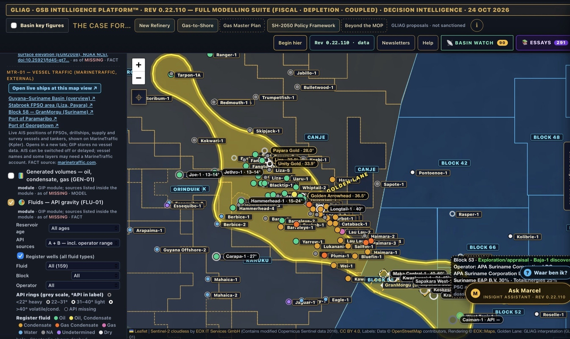 GIP map view of the Guyana–Suriname Basin with 159 register wells, licence blocks and the Golden Lane fairway